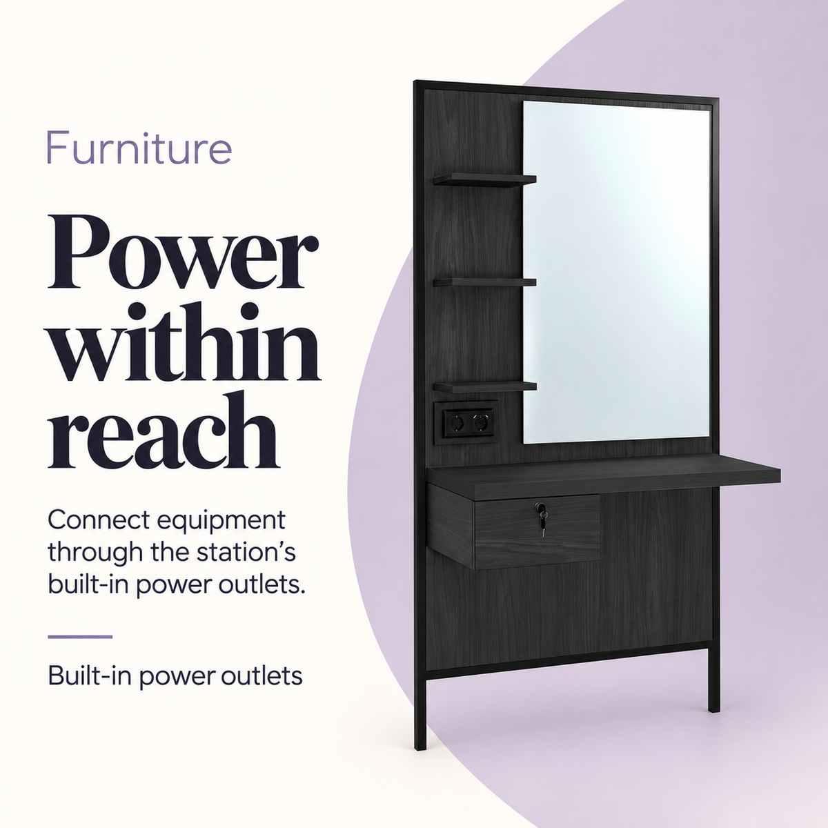 Logan Mirror Styling Station with Power Outlet Black — Power within reach. Built-in power outlets.