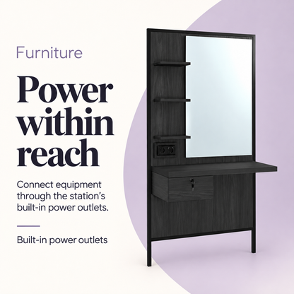 Logan Mirror Styling Station with Power Outlet Black — Power within reach. Built-in power outlets.