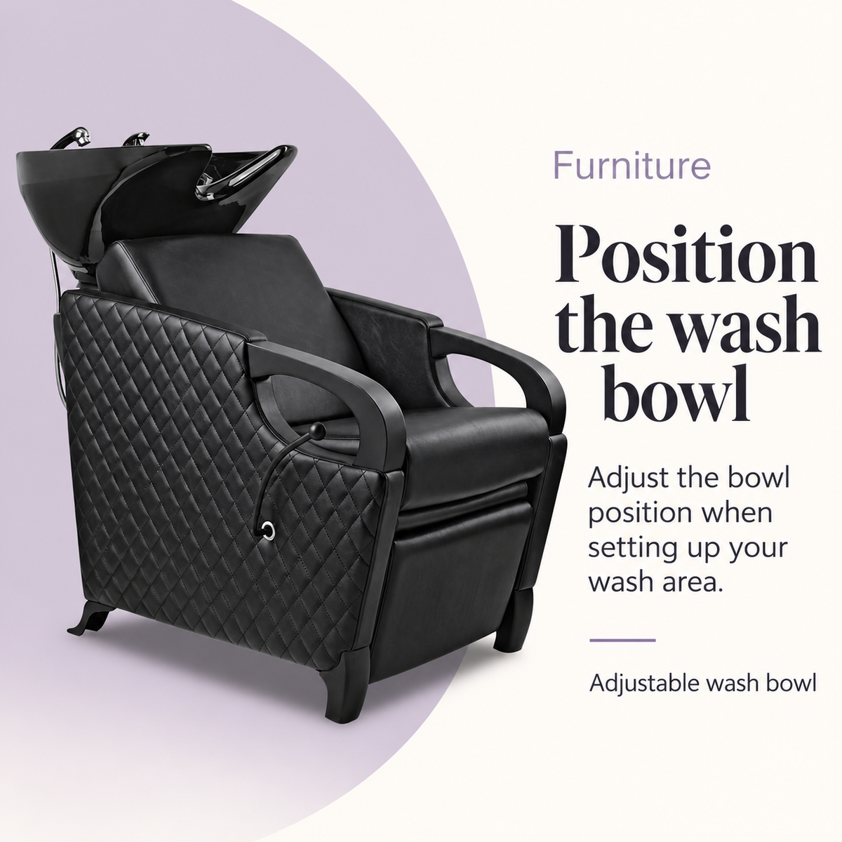 Manchester Hair Washing Basin Lounge Black Arm Rest 583 — Position the wash bowl. Adjustable wash bowl.