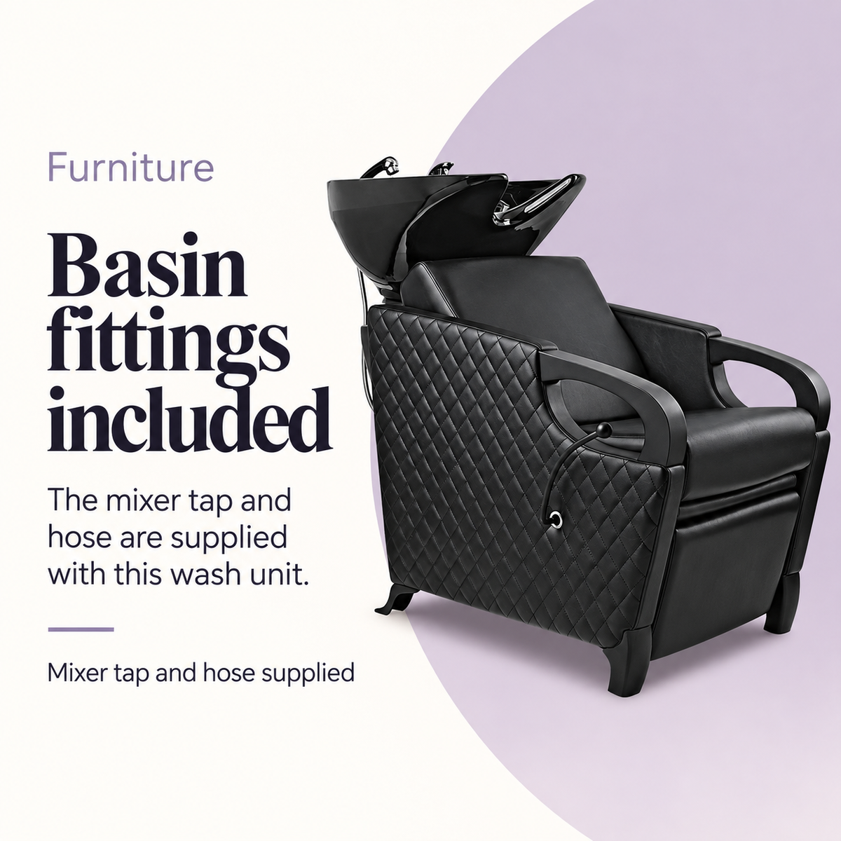 Manchester Hair Washing Basin Lounge Black Arm Rest 583 — Basin fittings included. Mixer tap and hose supplied.