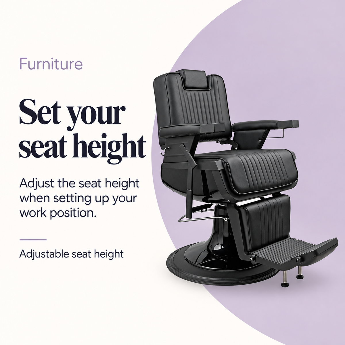 Karl Barber Chair Black A676 — Set your seat height. Adjustable seat height.