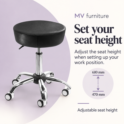 Nero Salon Stool (Black) Y1020 — Set your seat height. Adjustable seat height.