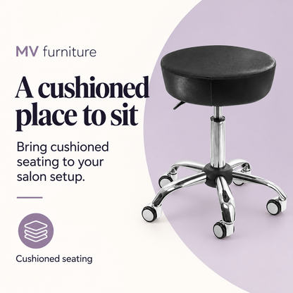 Nero Salon Stool (Black) Y1020 — A cushioned place to sit. Cushioned seating.