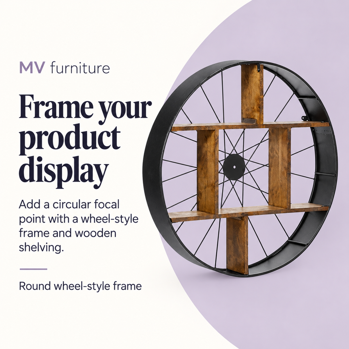 Sorrento Round Wheel Display w/ Wooden Shelf — Frame your product display. Add a circular focal point with a wheel-style frame and wooden shelving.