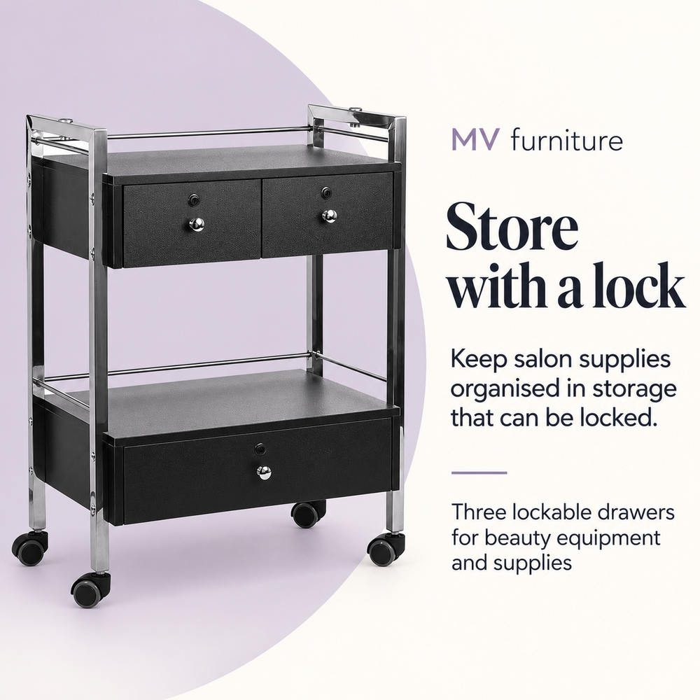 Deluxe Beauty Trolley (Black) 6104 — Store with a lock. Three lockable drawers for beauty equipment and supplies.