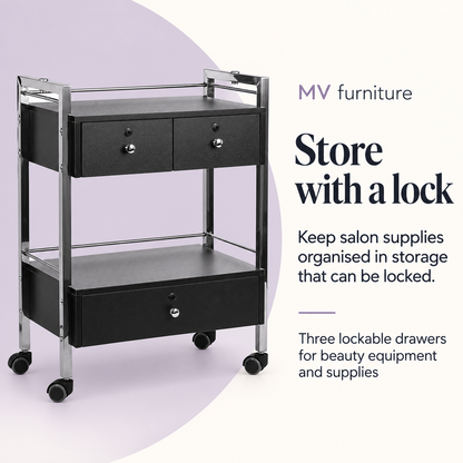 Deluxe Beauty Trolley (Black) 6104 — Store with a lock. Three lockable drawers for beauty equipment and supplies.