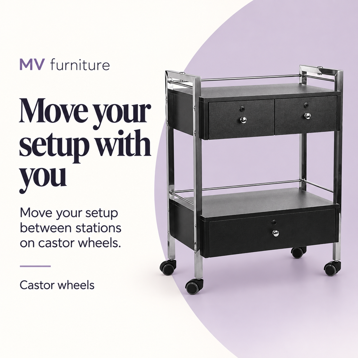 Deluxe Beauty Trolley (Black) 6104 — Move your setup with you. Castor wheels.