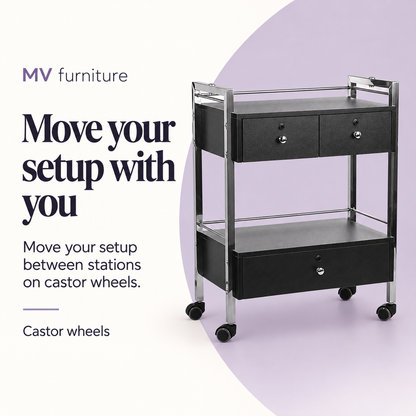 Deluxe Beauty Trolley (Black) 6104 — Move your setup with you. Castor wheels.