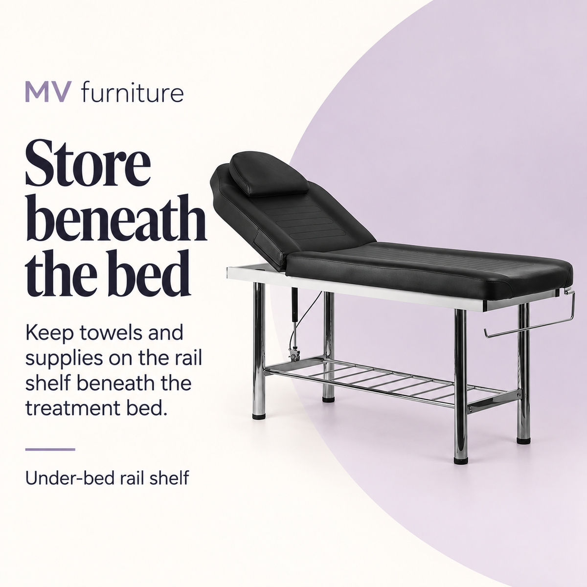 Safina Facial Beauty Bed (Black) 8219 — Store beneath the bed. Under-bed rail shelf.
