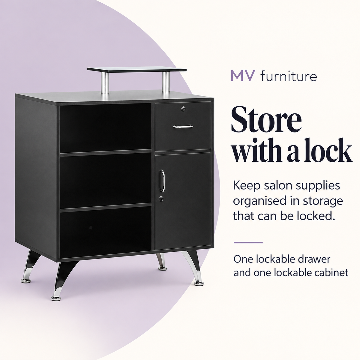 Reception Desk (Black) DP3308 — Store with a lock. One lockable drawer and one lockable cabinet.