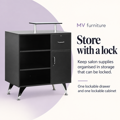 Reception Desk (Black) DP3308 — Store with a lock. One lockable drawer and one lockable cabinet.