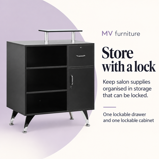 Reception Desk (Black) DP3308 — Store with a lock. One lockable drawer and one lockable cabinet.