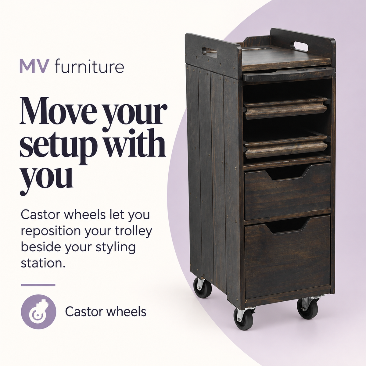 Cooper Timber Hair Trolley (Dark Wood) WTHZ-991 — Move your setup with you. Castor wheels.