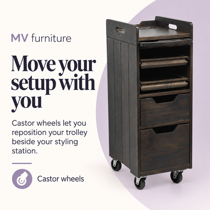 Cooper Timber Hair Trolley (Dark Wood) WTHZ-991 — Move your setup with you. Castor wheels.