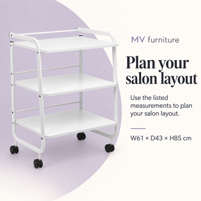 Milan Beauty Trolley BTHZ-903 — Plan your salon layout. Use the listed measurements to plan your salon layout.