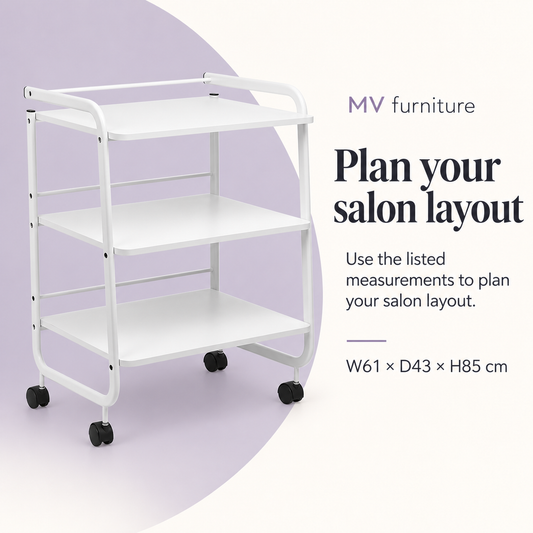 Milan Beauty Trolley BTHZ-903 — Plan your salon layout. Use the listed measurements to plan your salon layout.