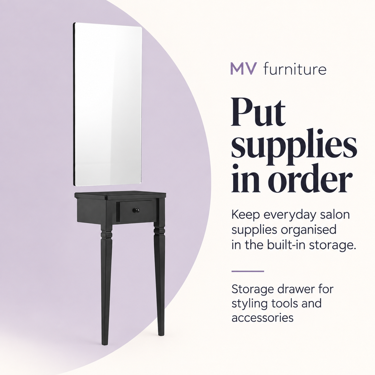 Adair Salon Work Station Mirror MY-5531 — Put supplies in order. Storage drawer for styling tools and accessories.