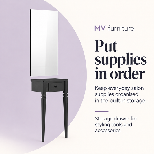 Adair Salon Work Station Mirror MY-5531 — Put supplies in order. Storage drawer for styling tools and accessories.