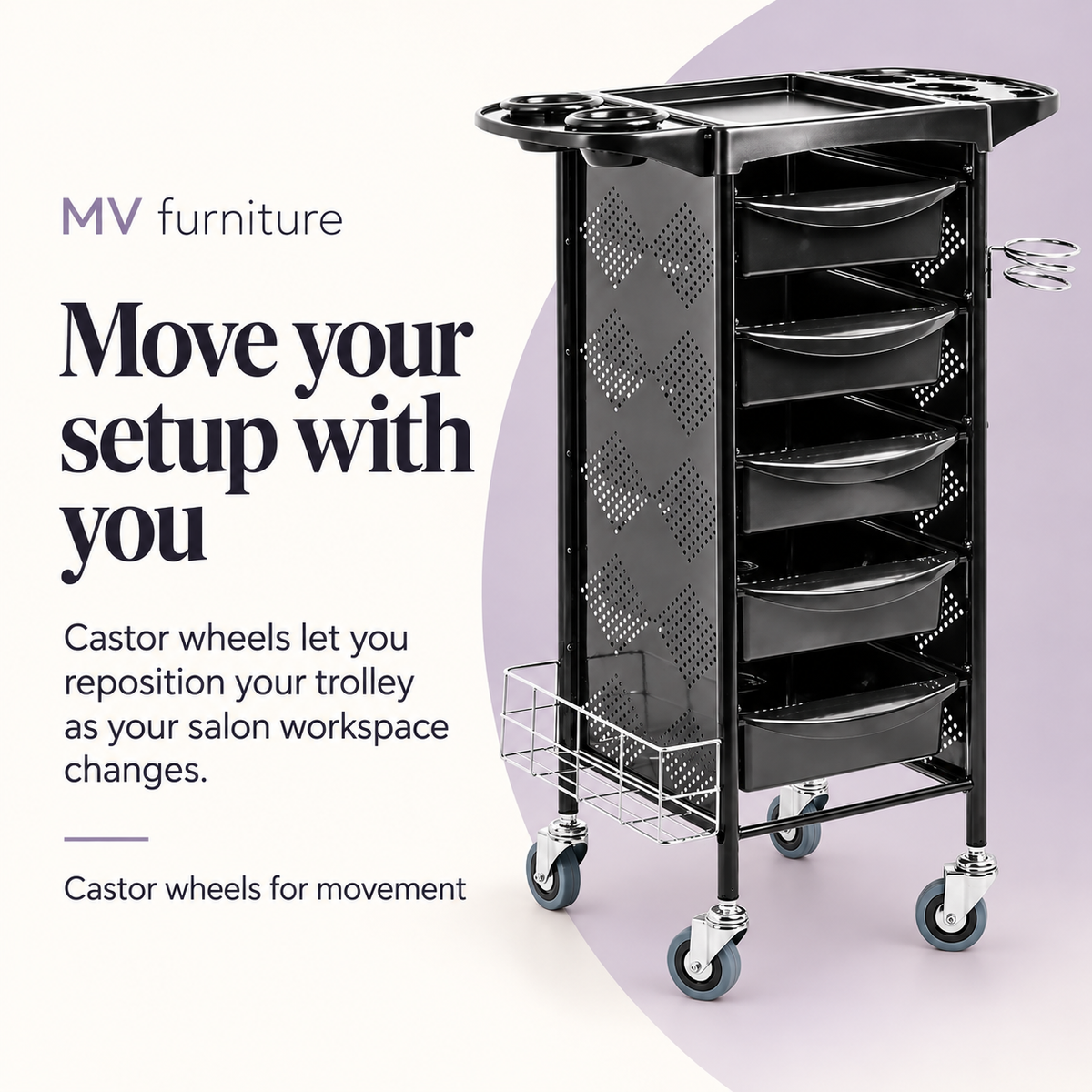 Vista black M3015b hair trolley on castor wheels — reposition your salon setup