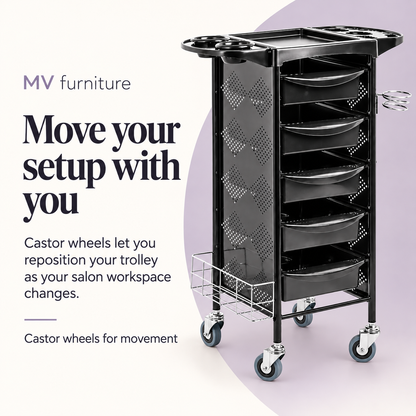 Vista black M3015b hair trolley on castor wheels — reposition your salon setup