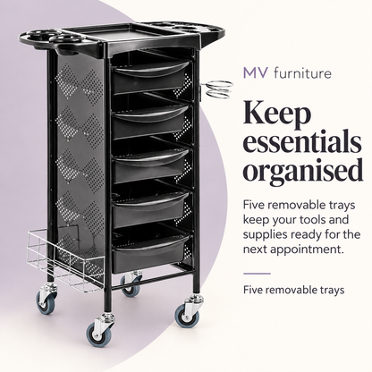 Vista black M3015b hair trolley with five removable trays — keep salon essentials organised