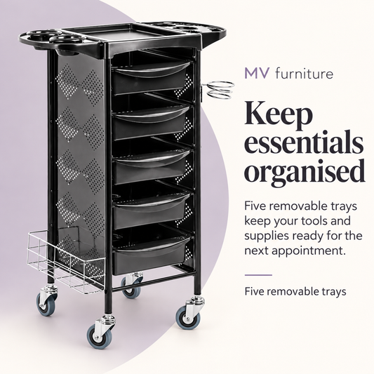 Vista black M3015b hair trolley with five removable trays — keep salon essentials organised