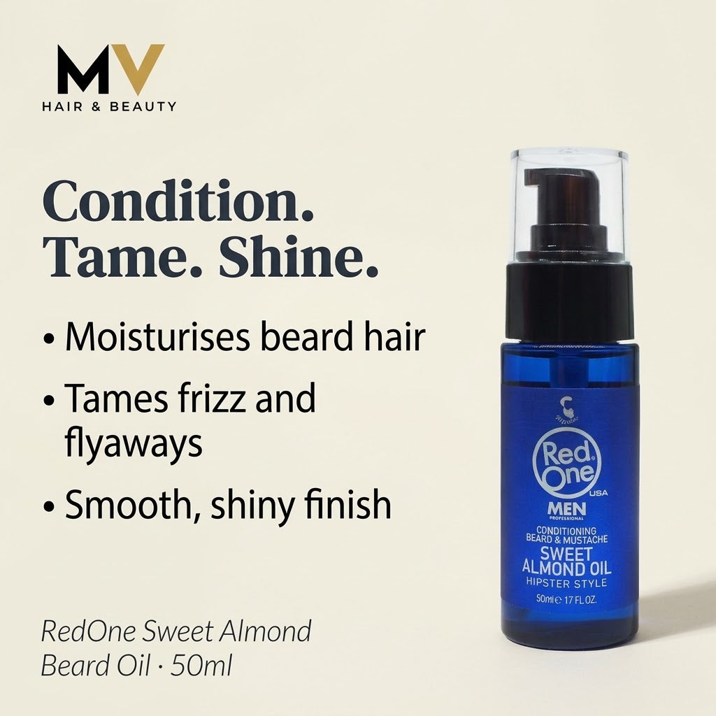 RedOne Sweet Almond Beard Oil 50ml — moisturises beard hair, tames frizz and flyaways, smooth shiny finish; MV logo