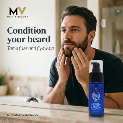 RedOne Sweet Almond Beard Oil 50ml — adult applying beard oil; AI-created use illustration, condition your beard caption and MV logo