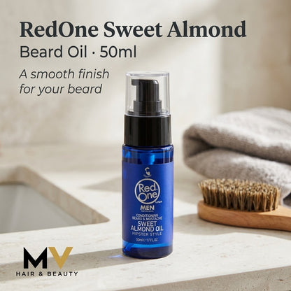 RedOne Sweet Almond Beard Oil 50ml — grooming counter lifestyle, smooth finish for your beard caption and MV logo