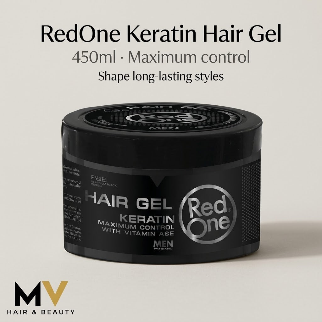 RedOne Keratin Hair Gel 450ml — maximum control product image with caption and MV Hair & Beauty logo