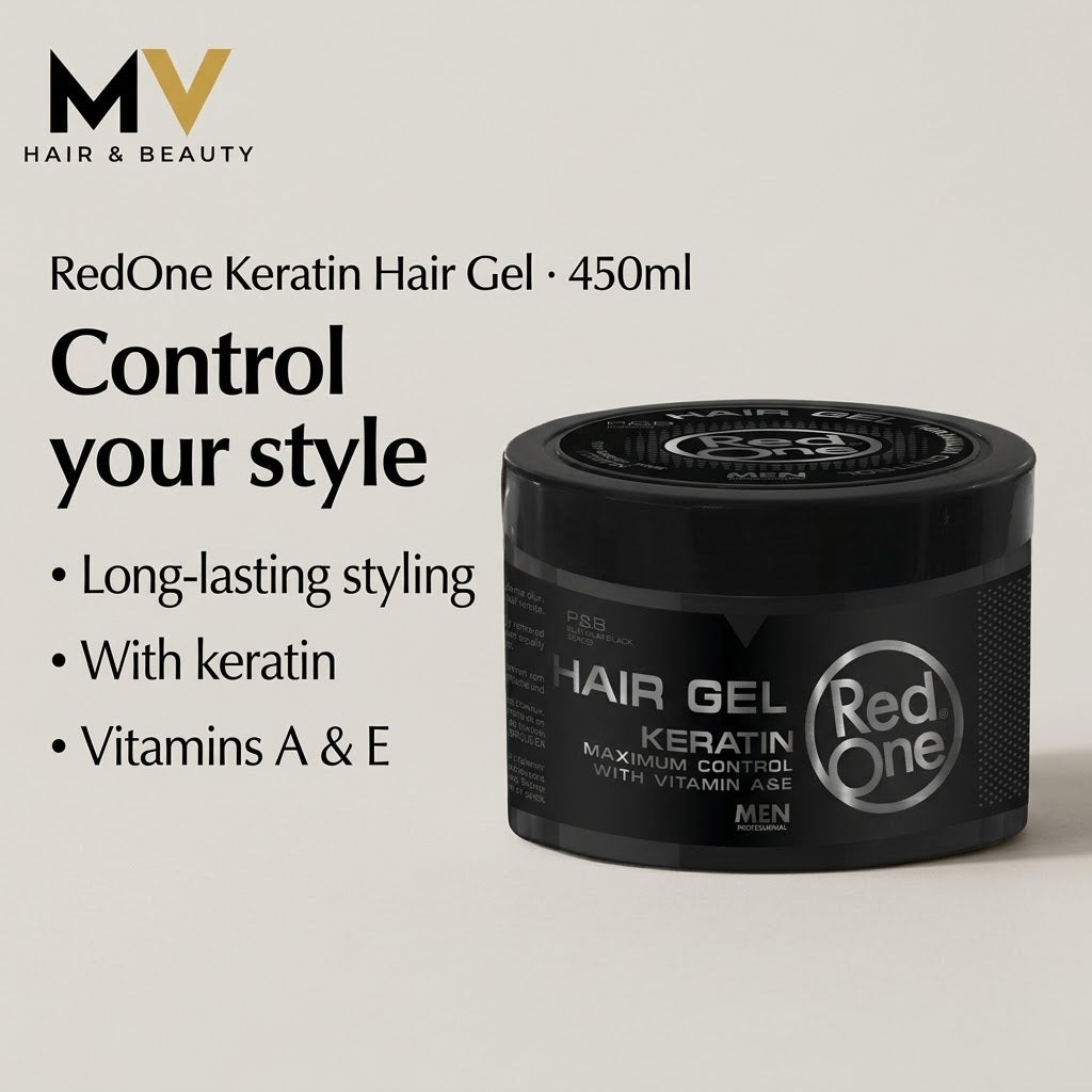 RedOne Keratin Hair Gel 450ml — long-lasting styling, keratin, vitamins A and E benefits with MV logo