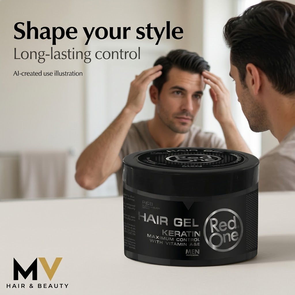 RedOne Keratin Hair Gel 450ml — adult styling hair; AI-created use illustration, long-lasting control caption and MV logo