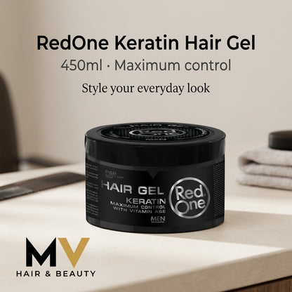 RedOne Keratin Hair Gel 450ml — barber counter lifestyle with style your everyday look caption and MV logo