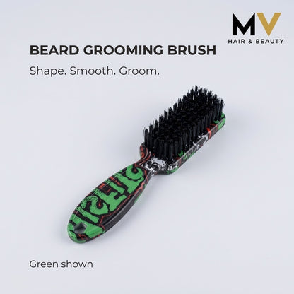 MV Beard Grooming Brush in green graffiti finish with shape smooth groom captions and blended MV logo