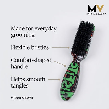 MV Beard Grooming Brush green variant with flexible bristle and comfort-shaped handle benefits and MV logo
