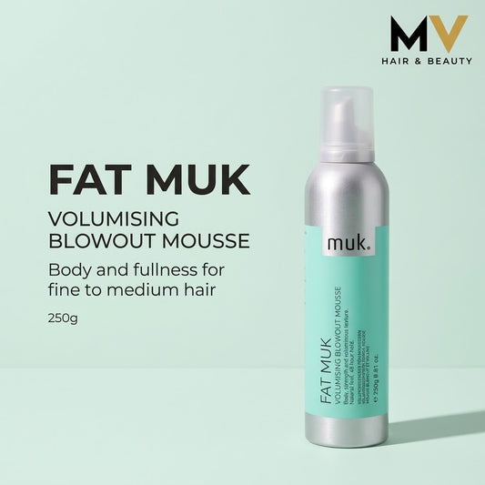 Fat muk Volumising Blowout Mousse 250g with body and fullness caption and MV logo