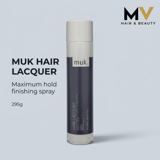 muk Hair Lacquer 295g studio product photo with maximum-hold caption and MV logo