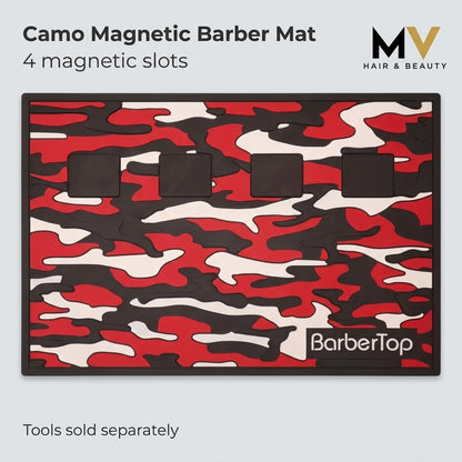 BarberTop red black and white Camo Magnetic Barber Mat with four-slot caption and MV logo