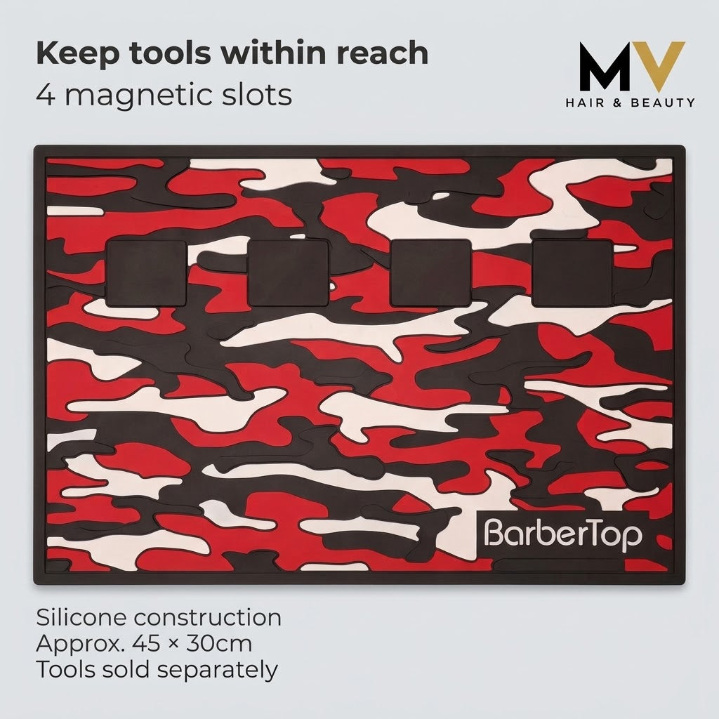 BarberTop Camo Magnetic Barber Mat with four magnetic slots, silicone construction and approximate 45 by 30cm captions and MV logo