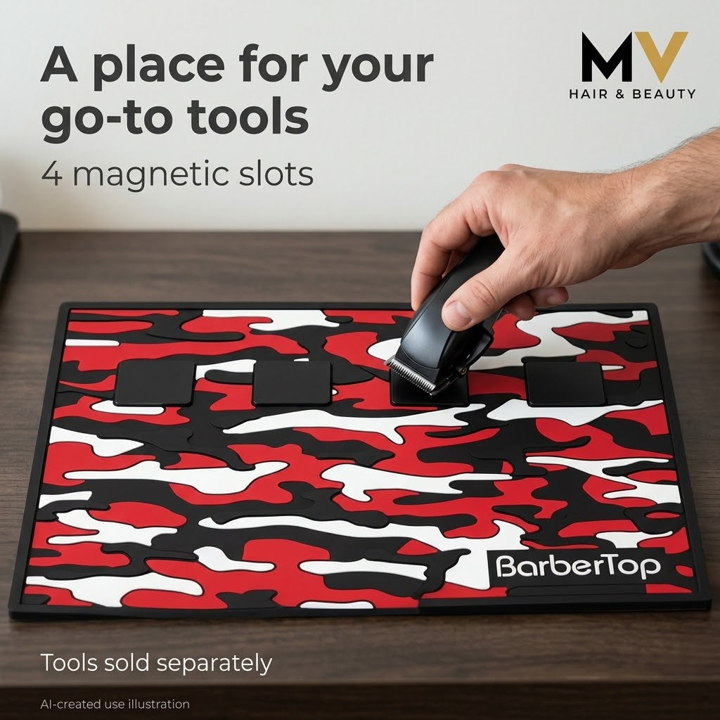 Barber placing a clipper onto the BarberTop Camo Magnetic Mat; AI-created use illustration with four-slot caption, tools-sold-separately note and MV logo