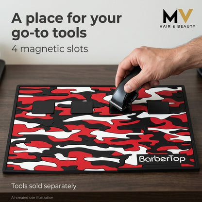 Barber placing a clipper onto the BarberTop Camo Magnetic Mat; AI-created use illustration with four-slot caption, tools-sold-separately note and MV logo