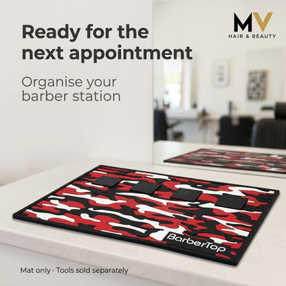 BarberTop Camo Magnetic Barber Mat on a salon counter with organise-your-station caption, tools-sold-separately note and MV logo