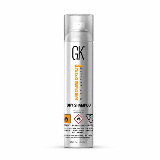 GK Hair Dry Shampoo 332ml silver aerosol can on a white background.