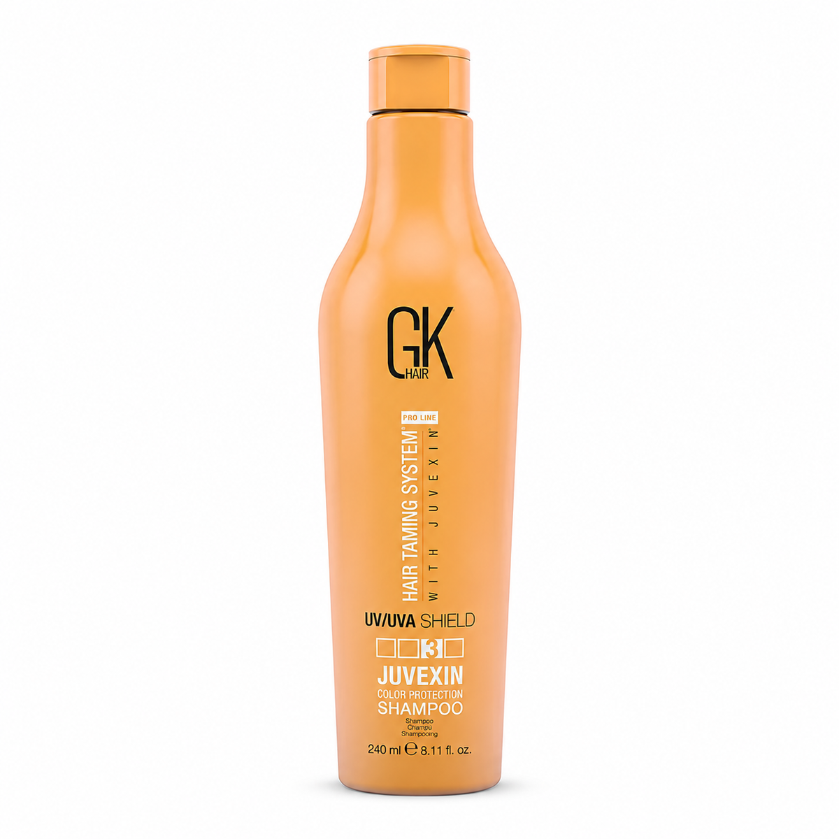 GK Hair Juvexin Color Protection Shampoo 240ml orange bottle on a white background.