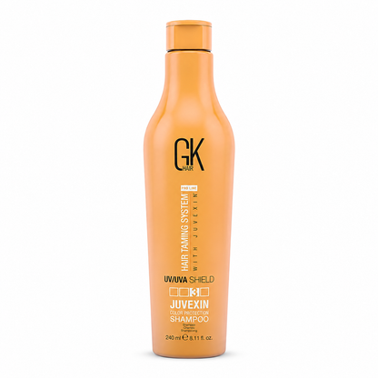 GK Hair Juvexin Color Protection Shampoo 240ml orange bottle on a white background.