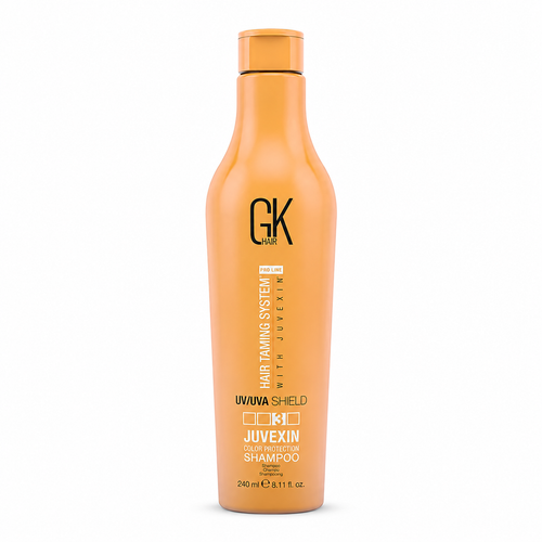 GK Hair Juvexin Color Protection Shampoo 240ml orange bottle on a white background.
