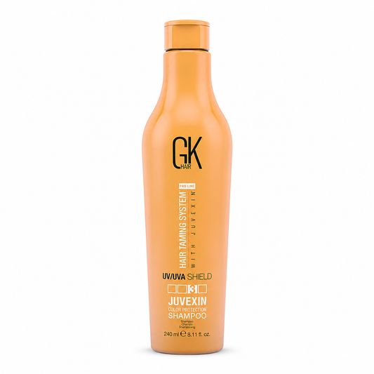 GK Hair Juvexin Color Protection Shampoo 240ml orange bottle on a white background.