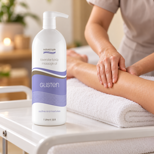 Natural Look Glisten Lavender Massage Oil 1L beside a therapist massaging a forearm