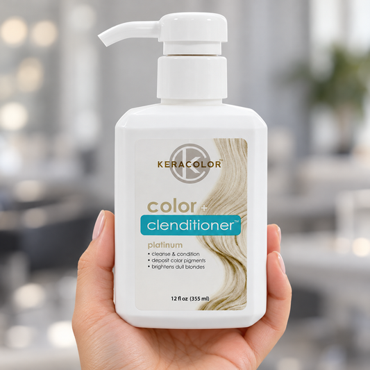 Keracolor Platinum Color Clenditioner 355 ml bottle held upright in a salon, with the front label clearly visible.
