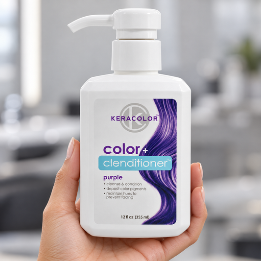 Keracolor Purple Color Clenditioner 355 ml bottle held upright in a salon with the purple shade label visible.